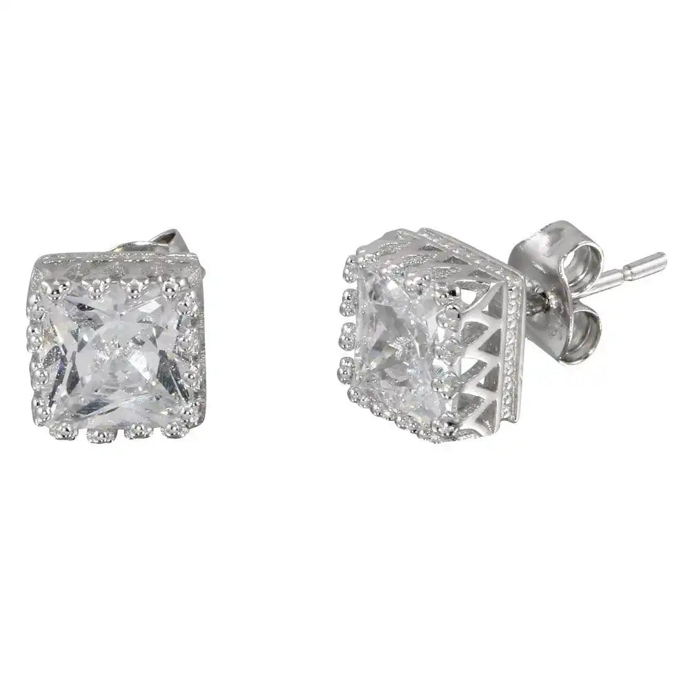 925 Sterling Silver Rhodium Plated Square Solitaire CZ Earrings
