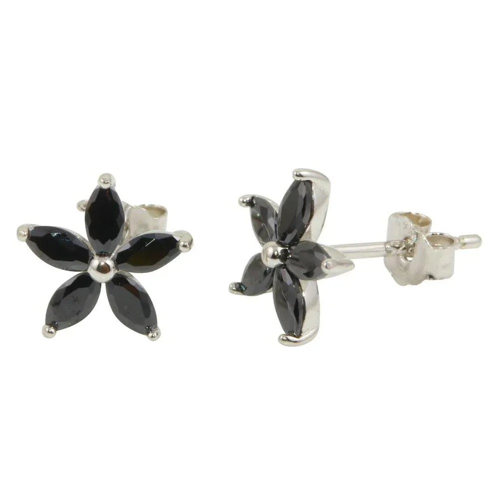 925 Sterling Silver Rhodium Plated Black Five Petal Flower Earrings