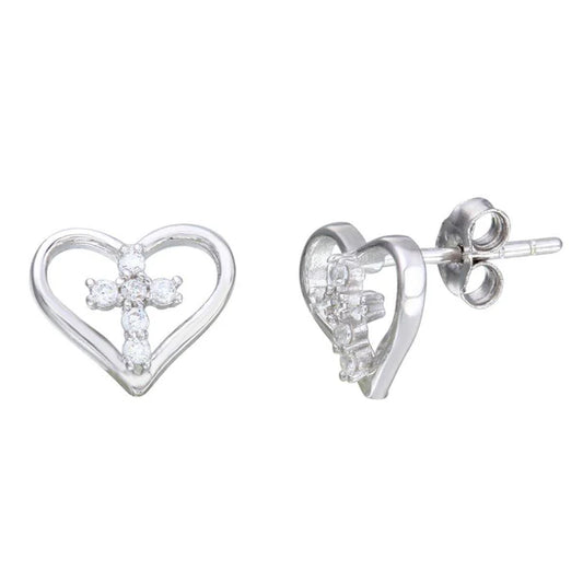925 Sterling Silver Rhodium Plated Cross in Heart Stud Earrings
