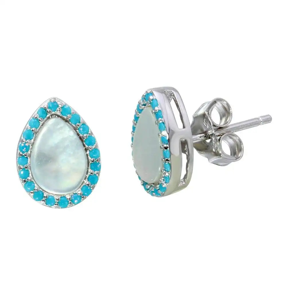 925 Sterling Silver Rhodium Plated Teardrop Shaped Opal Stud Earrings with Blue CZ Stones