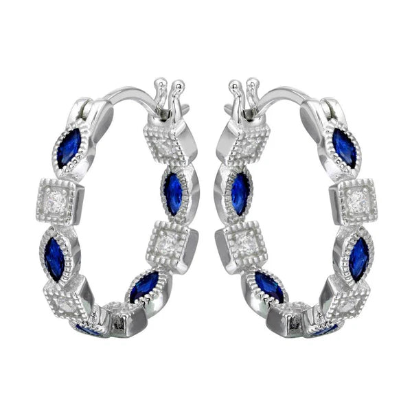 925 Sterling Silver Rhodium Plated Inner and Outer Blue Clear CZ Hoop Earrings