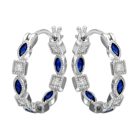 925 Sterling Silver Rhodium Plated Inner and Outer Blue Clear CZ Hoop Earrings