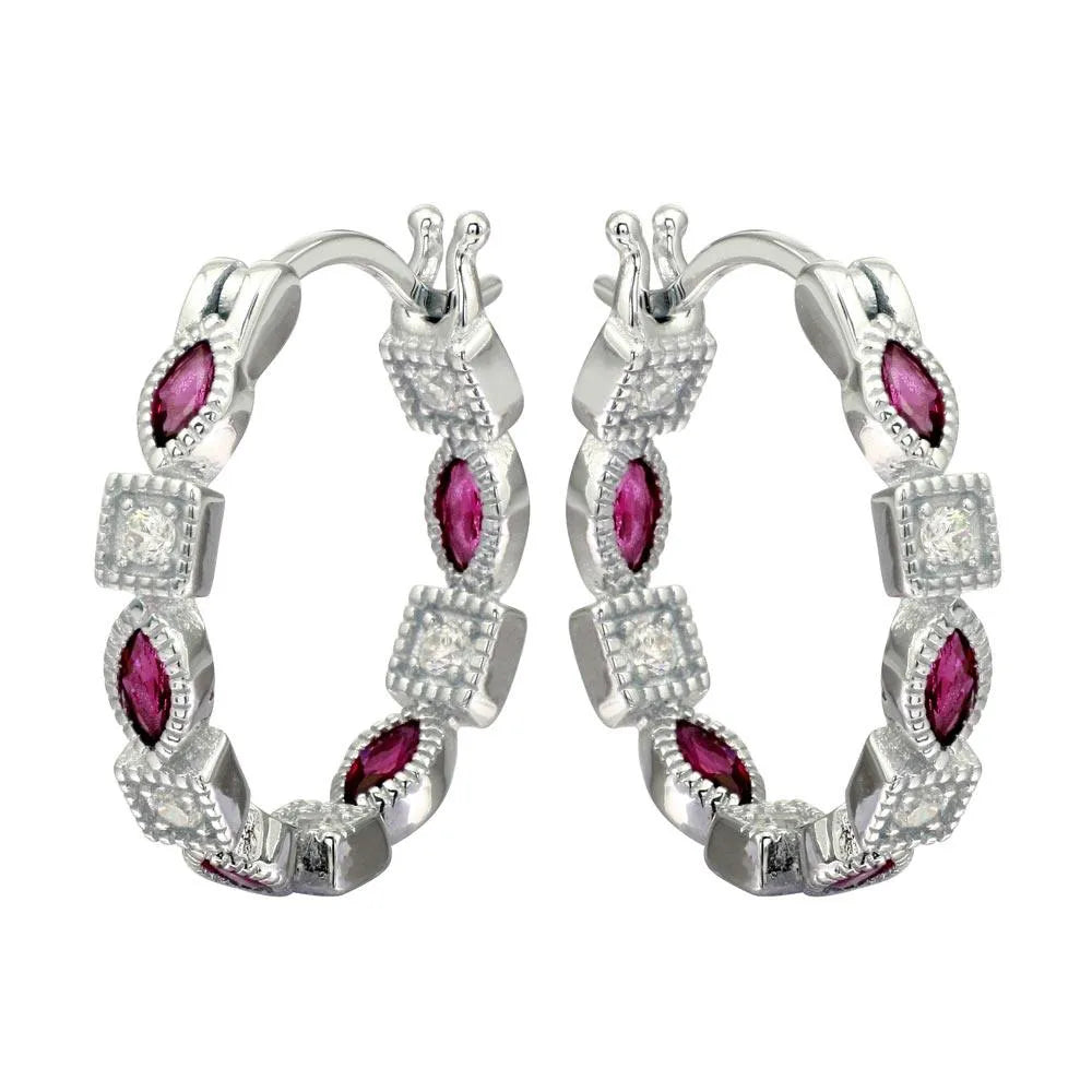 925 Sterling Silver Rhodium Plated Inner and Outer Red Clear CZ Hoop Earrings