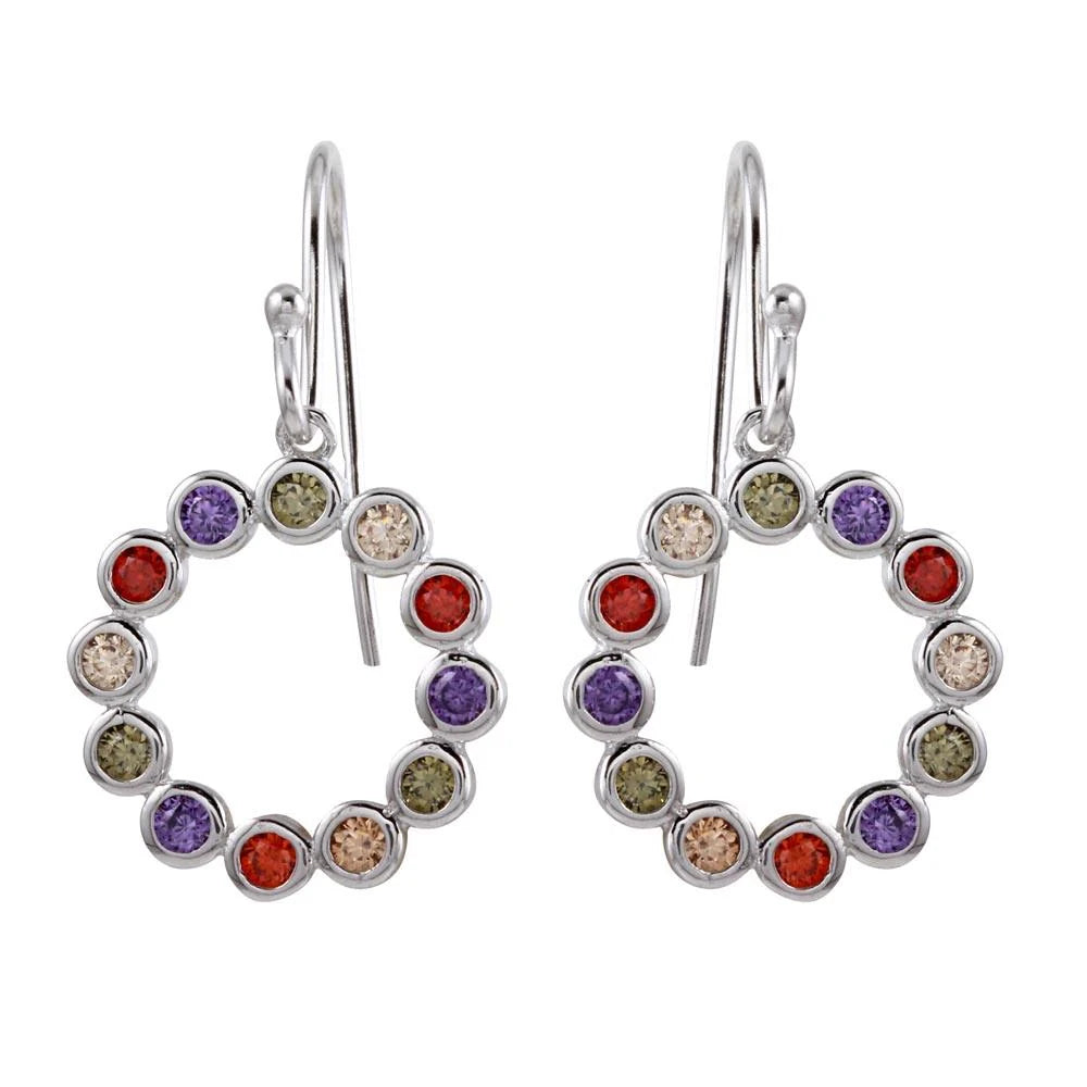 925 Sterling Silver Rhodium Plated Multi-Colored CZ Open Circle Earrings