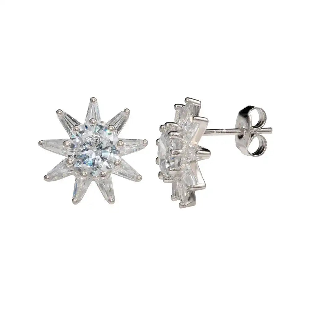 925 Sterling Silver Rhodium Plated CZ Sun Stud Earrings