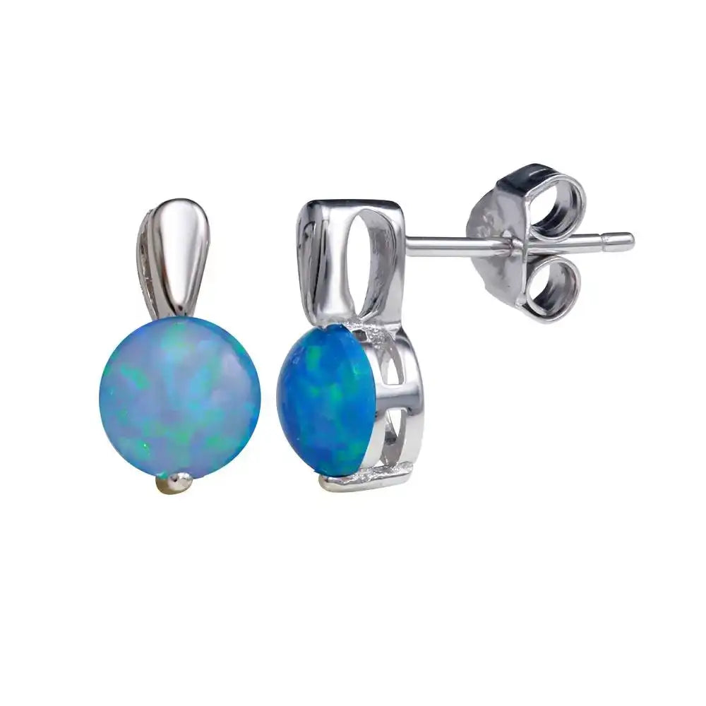 925 Sterling Silver Rhodium Plated Synthetic Blue Opal Stud Earrings