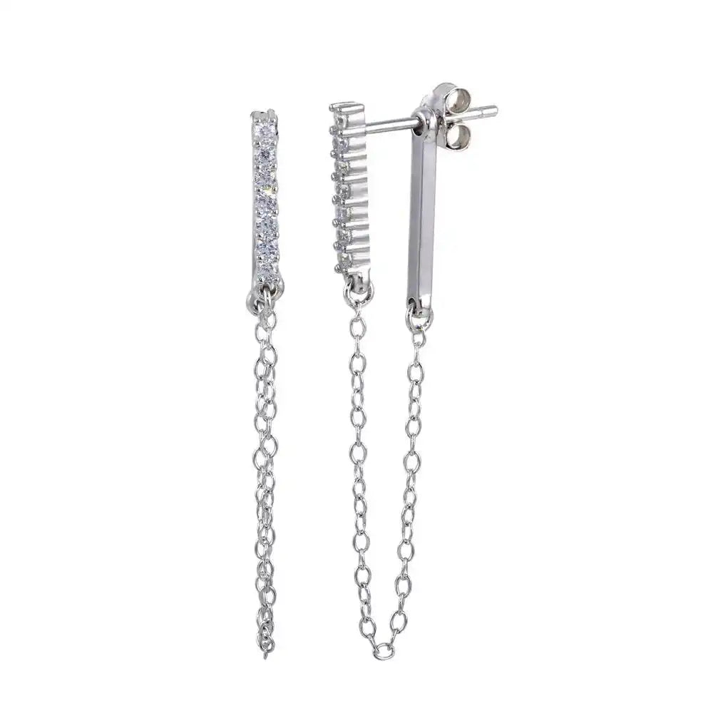 925 Sterling Silver Rhodium Plated CZ Bar Dangling Chain Earrings