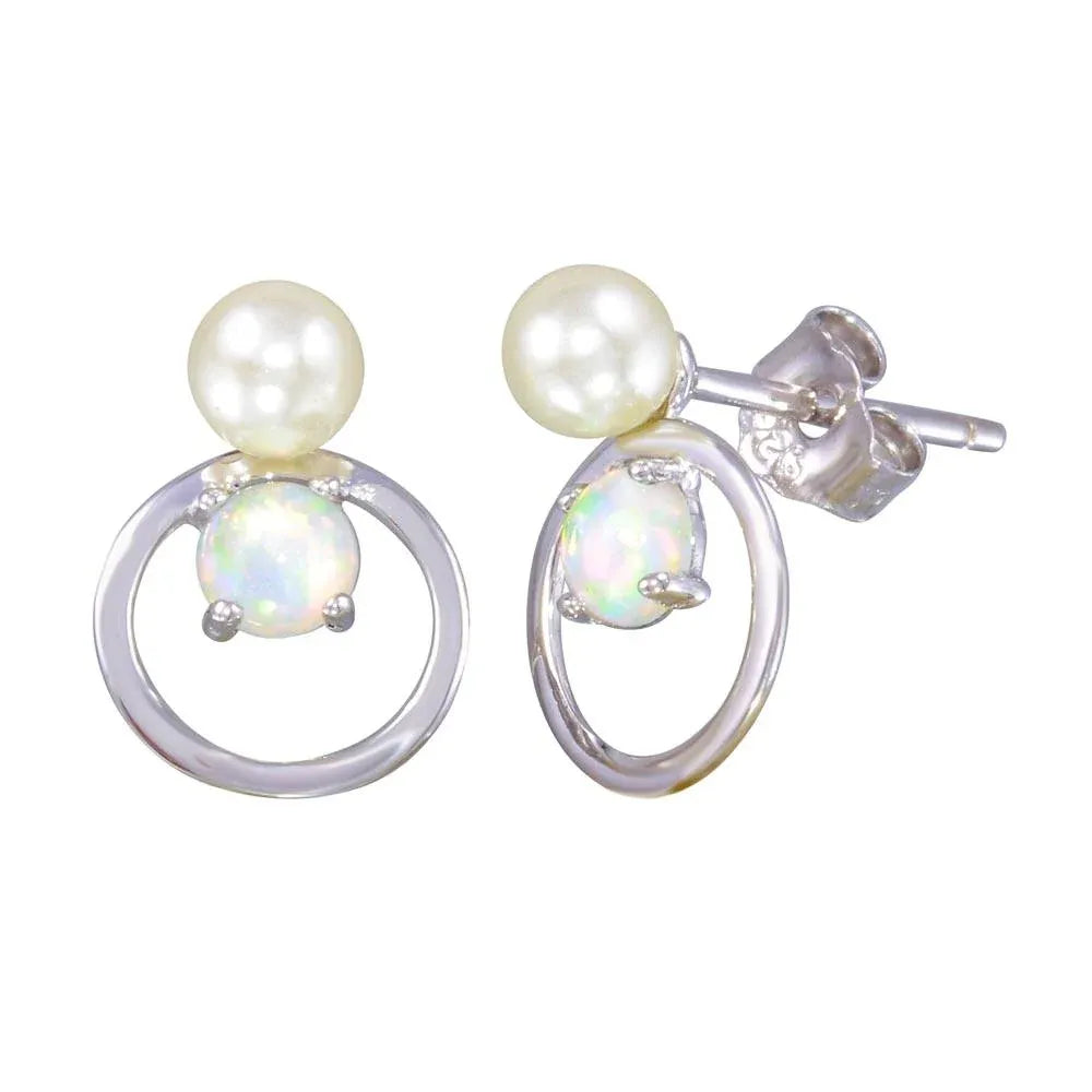 925 Sterling Silver Rhodium Plated Open Circle Stud Earrings with Synthetic Pearl and Opal