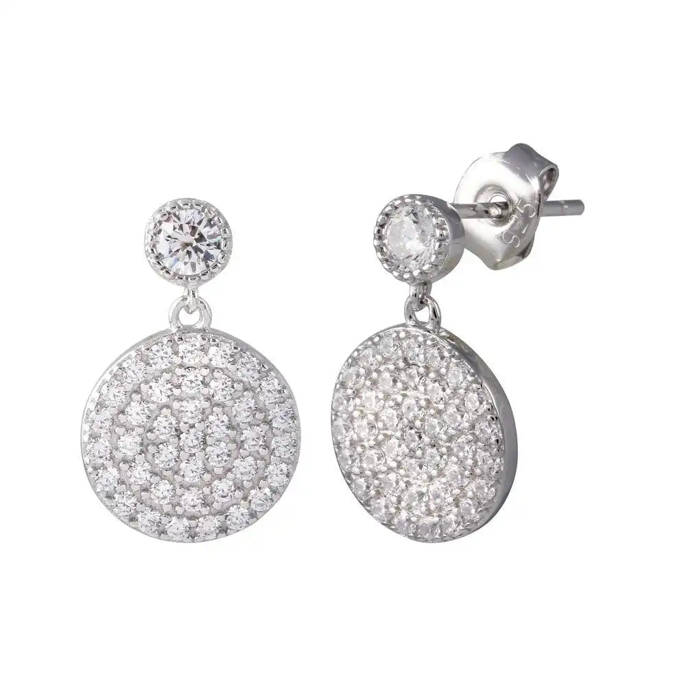 925 Sterling Silver Rhodium Plated Round CZ Dangling Earrings
