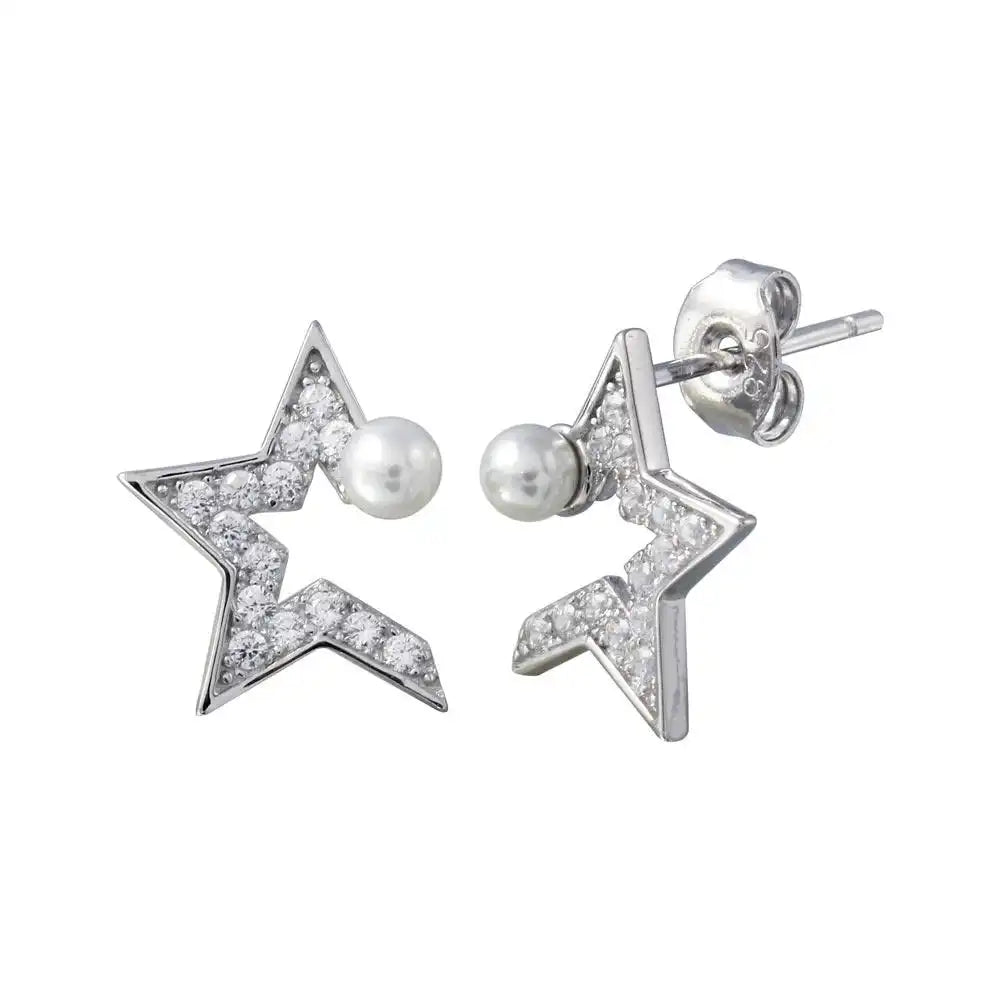 925 Sterling Silver Rhodium Plated CZ Half Star Pearl Stud Earrings