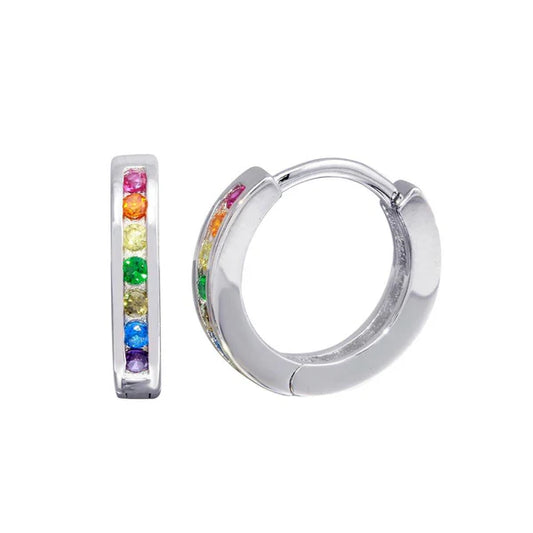 925 Sterling Silver Rhodium Plated Rainbow Multi CZ huggie hoop Earrings 13.1mm