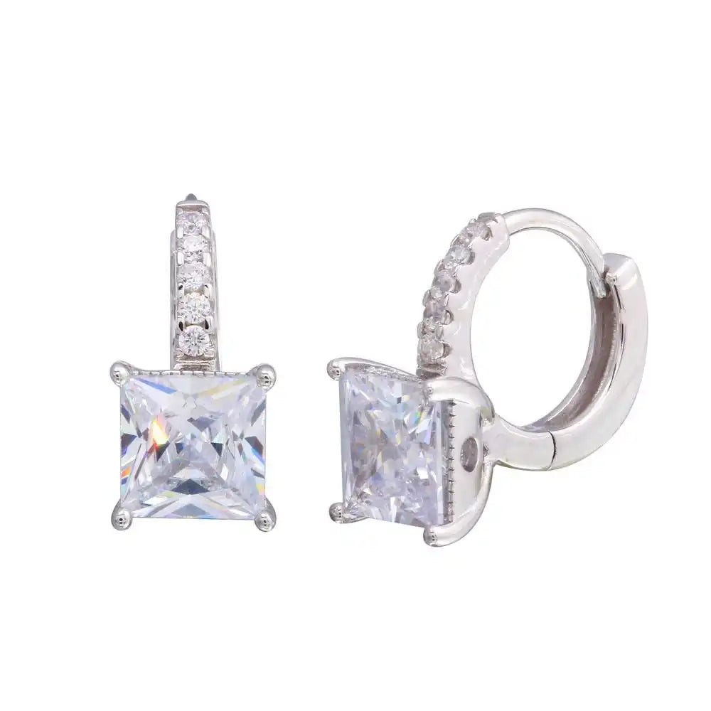 925 Sterling Silver Rhodium Plated Dangling Square CZ huggie hoop Earrings