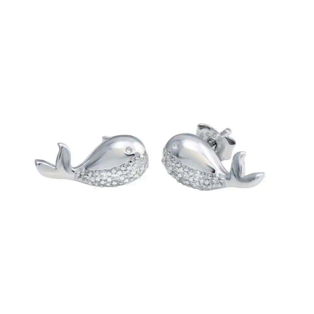 925 Sterling Silver Rhodium Plated Whale CZ Stud Earrings