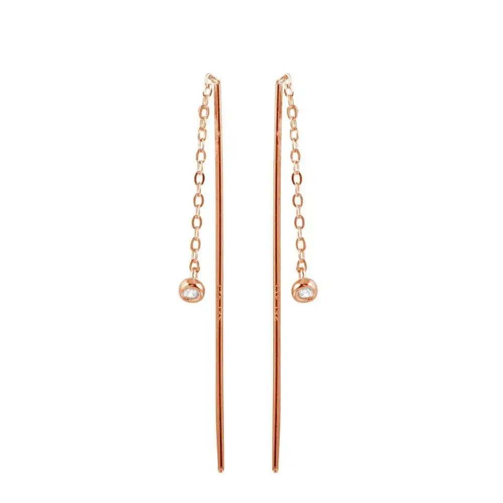 925 Sterling Silver Rose Gold Plated CZ Chain Dangling Earrings