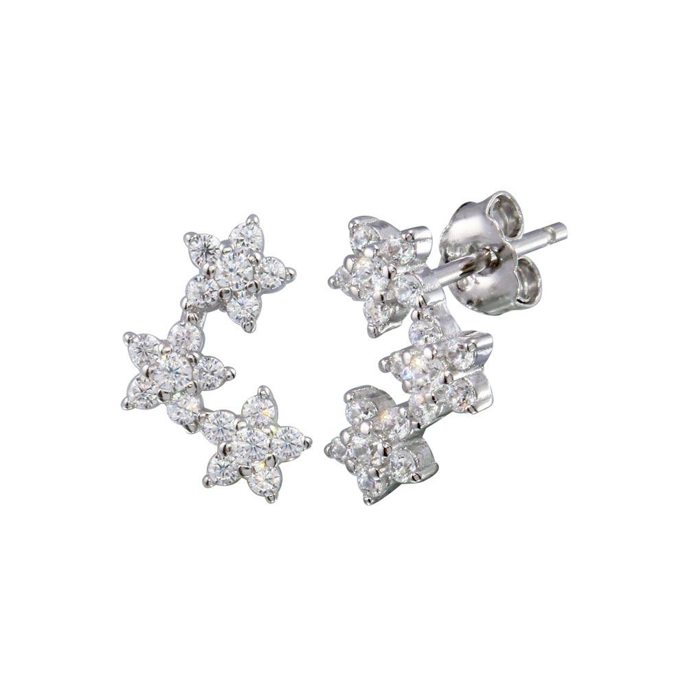 925 Sterling Silver Rhodium Plated 3 Flower CZ Stud Earring