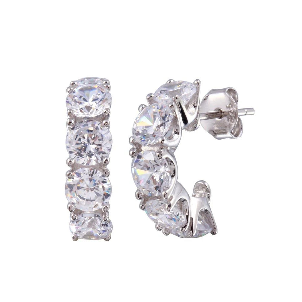925 Sterling Silver Rhodium Plated Semi Hoop CZ Round Earring