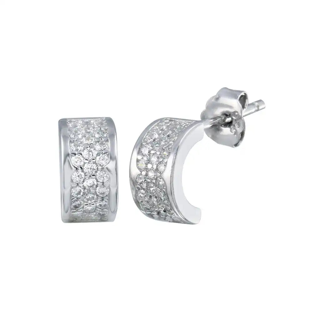 925 Sterling Silver Rhodium Plated Semi Hoop CZ huggie hoop Earring