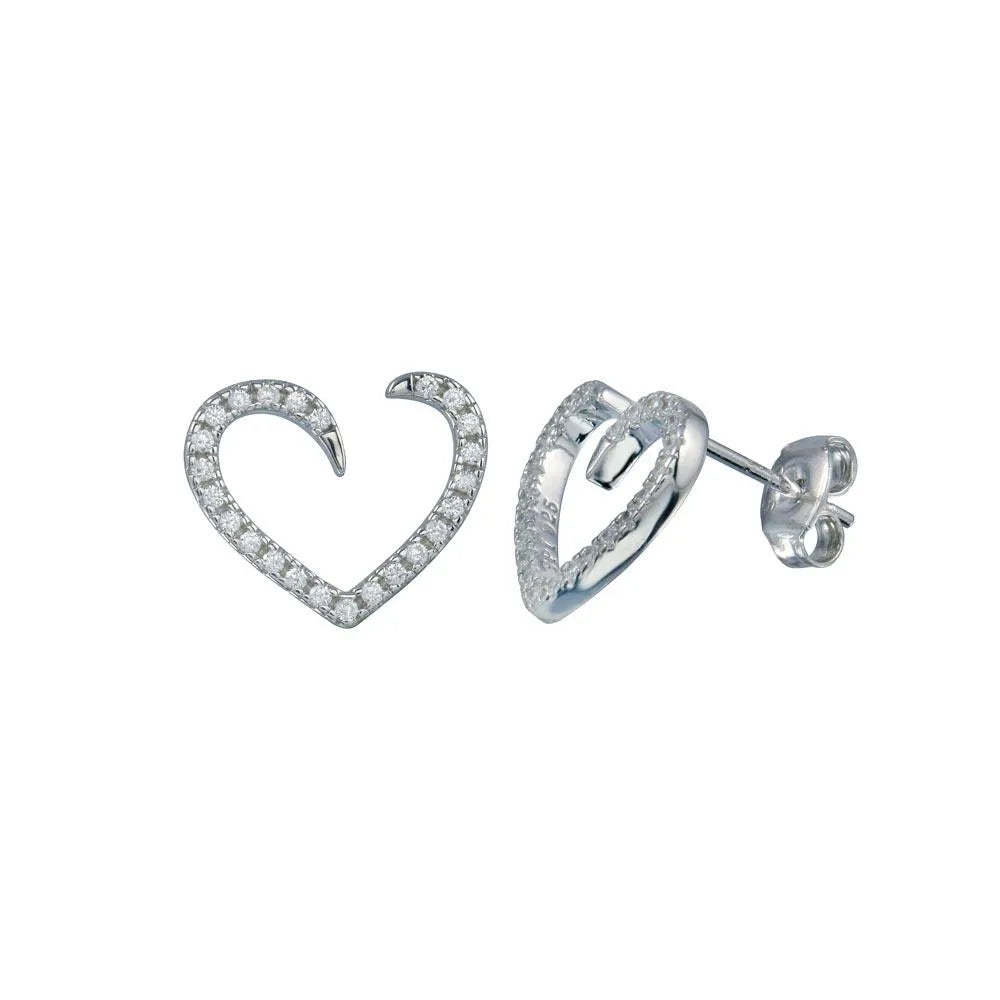 925 Sterling Silver Rhodium Plated Heart CZ Stud Open End Earring