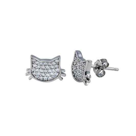 925 Sterling Silver Rhodium Plated Cat Clear CZ Stud Earring