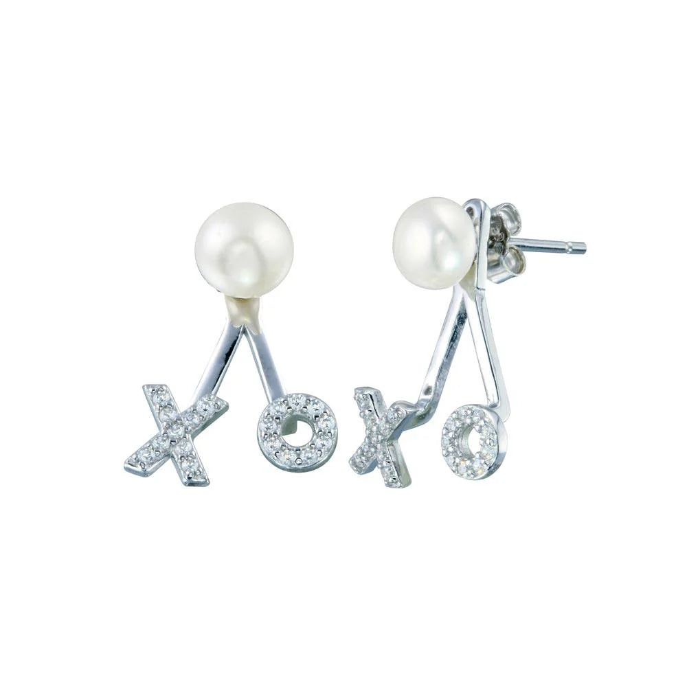 925 Sterling Silver Rhodium Plated Pearl Hugs and Kisses Earring