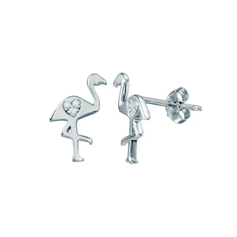 925 Sterling Silver Rhodium Plated Heart CZ Flamingo Stud Earring