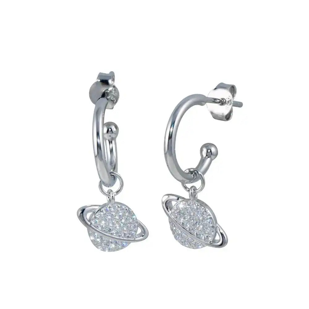 925 Sterling Silver CZ Planet Dangling Earring