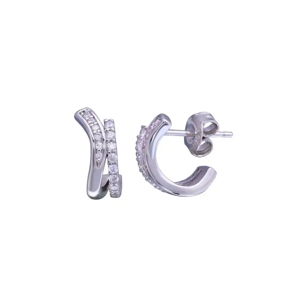 925 Sterling Silver Rhodium Plated 2 Line Wave Semi huggie hoop CZ Stud Earring