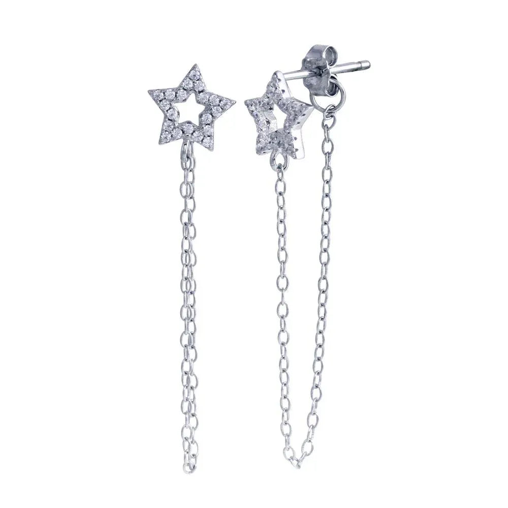 925 Sterling Silver Rhodium Plated Star Chain CZ Stud Earring