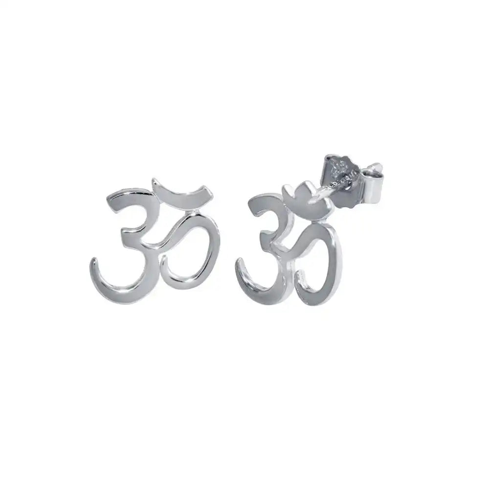 925 Sterling Silver Rhodium Plated Om Aum Stud Earring