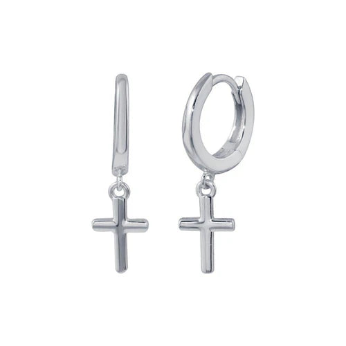 925 Sterling Silver Rhodium Plated huggie hoop Cross Earring