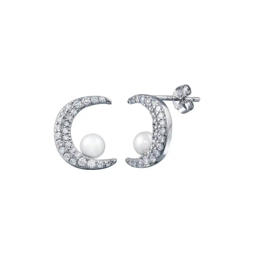 925 Sterling Silver Rhodium Plated Crescent Moon Mother of Pearl and CZ Earring