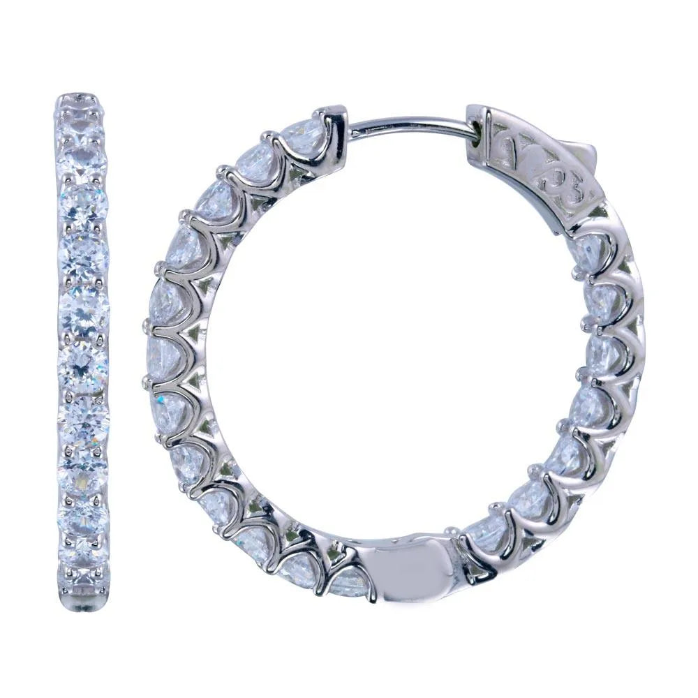 925 Sterling Silver Rhodium Plated Inside Out CZ Hoop Vault Lock Earring 24mm
