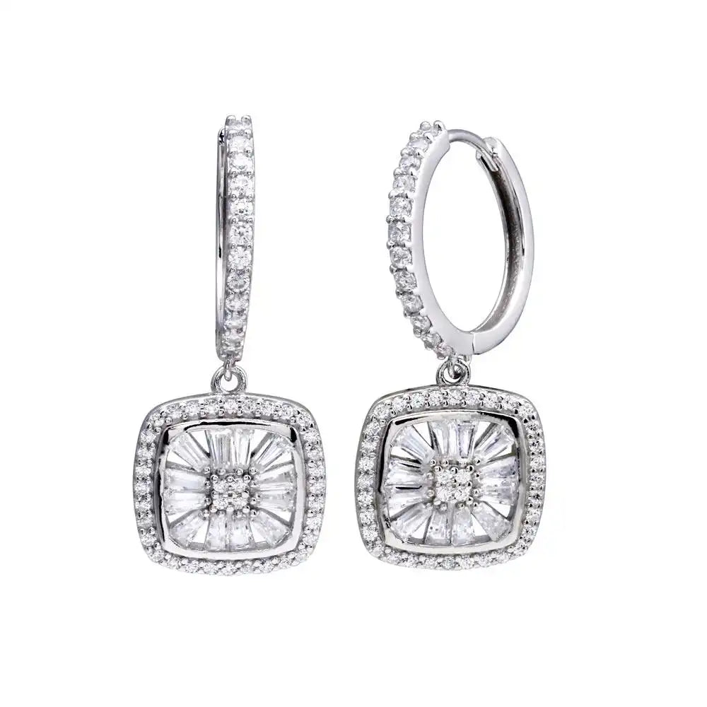 925 Sterling Silver Rhodium Plated CZ Hoop Dangling Halo Square Earring
