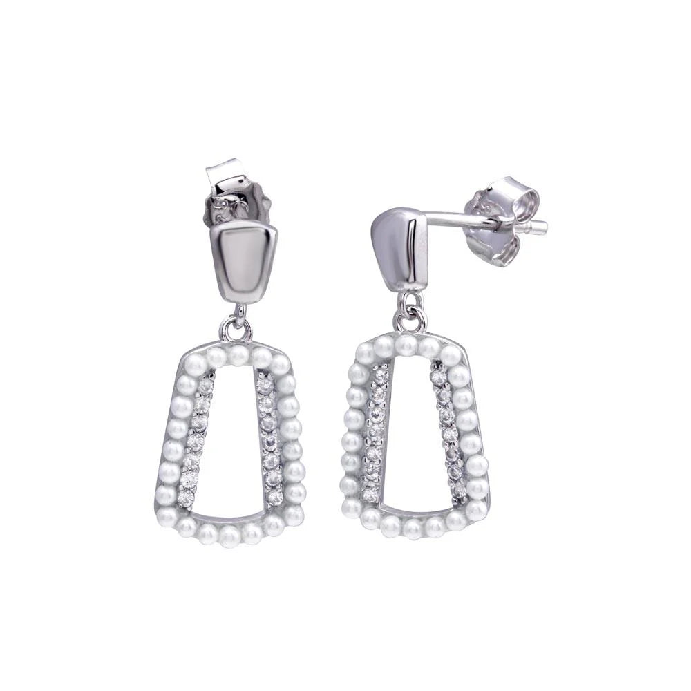 925 Sterling Silver Rhodium Plated Dangling Open Halo Pearl and CZ Earring