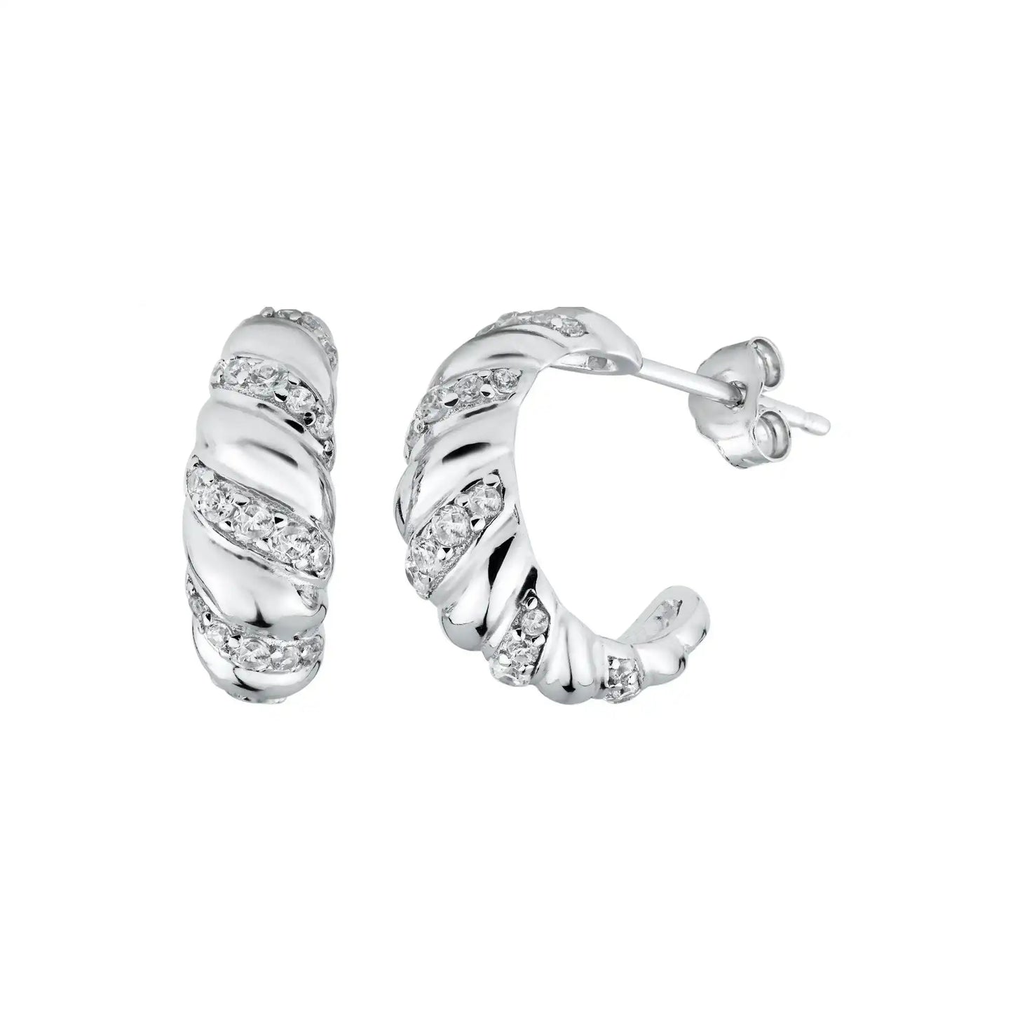 925 Sterling Silver Rhodium Plated Semi Hoop Braid Design CZ Earring