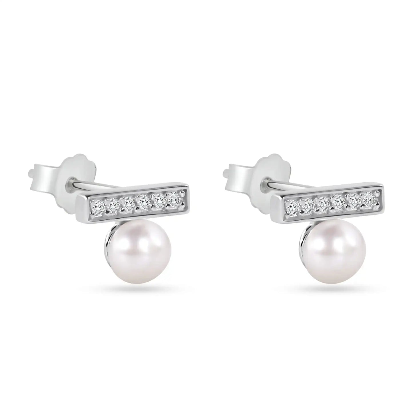 925 Sterling Silver Rhodium Plated CZ Bar with Pearl Earrings