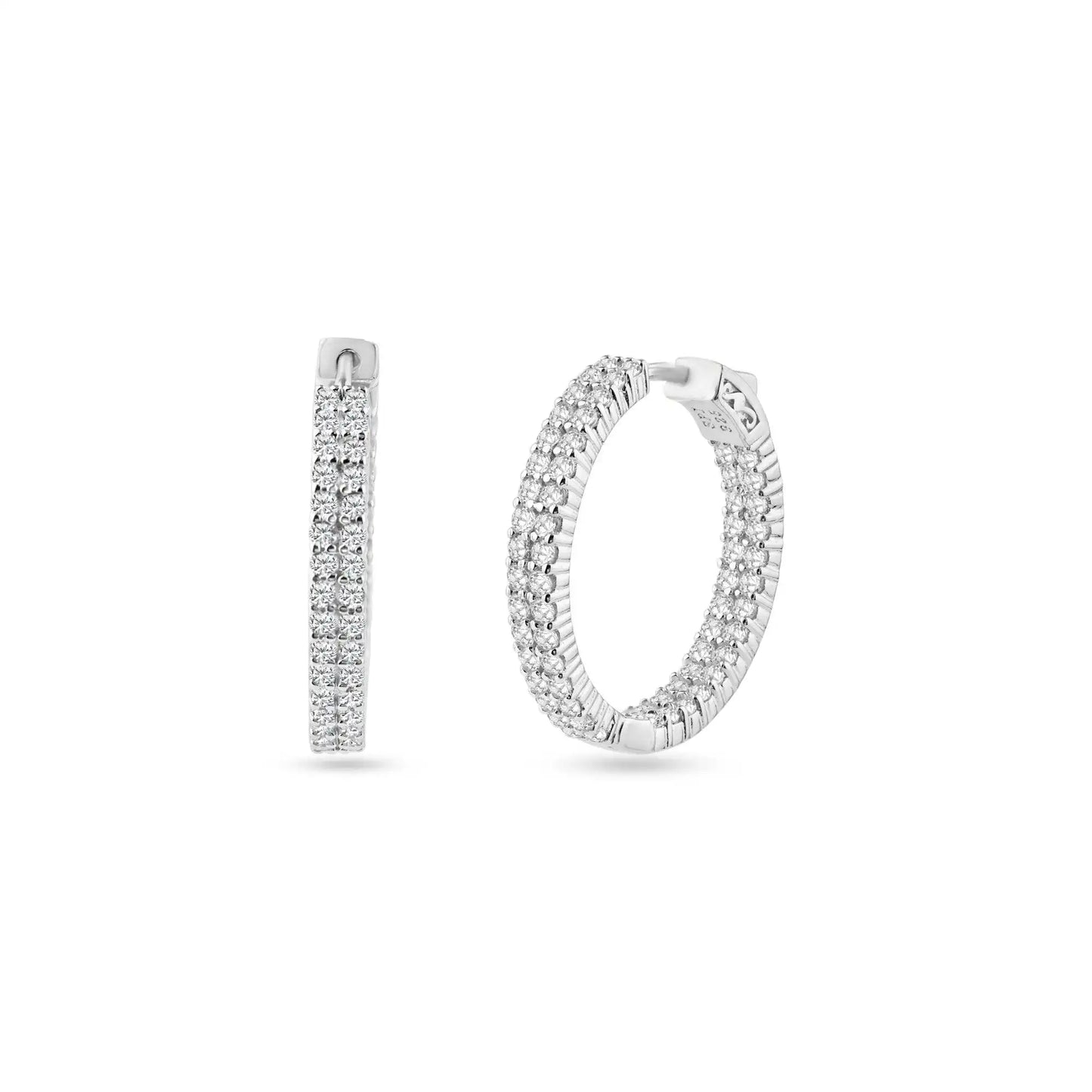 925 Sterling Silver Rhodium Plated 2 Row Clear CZ Earring 24mm