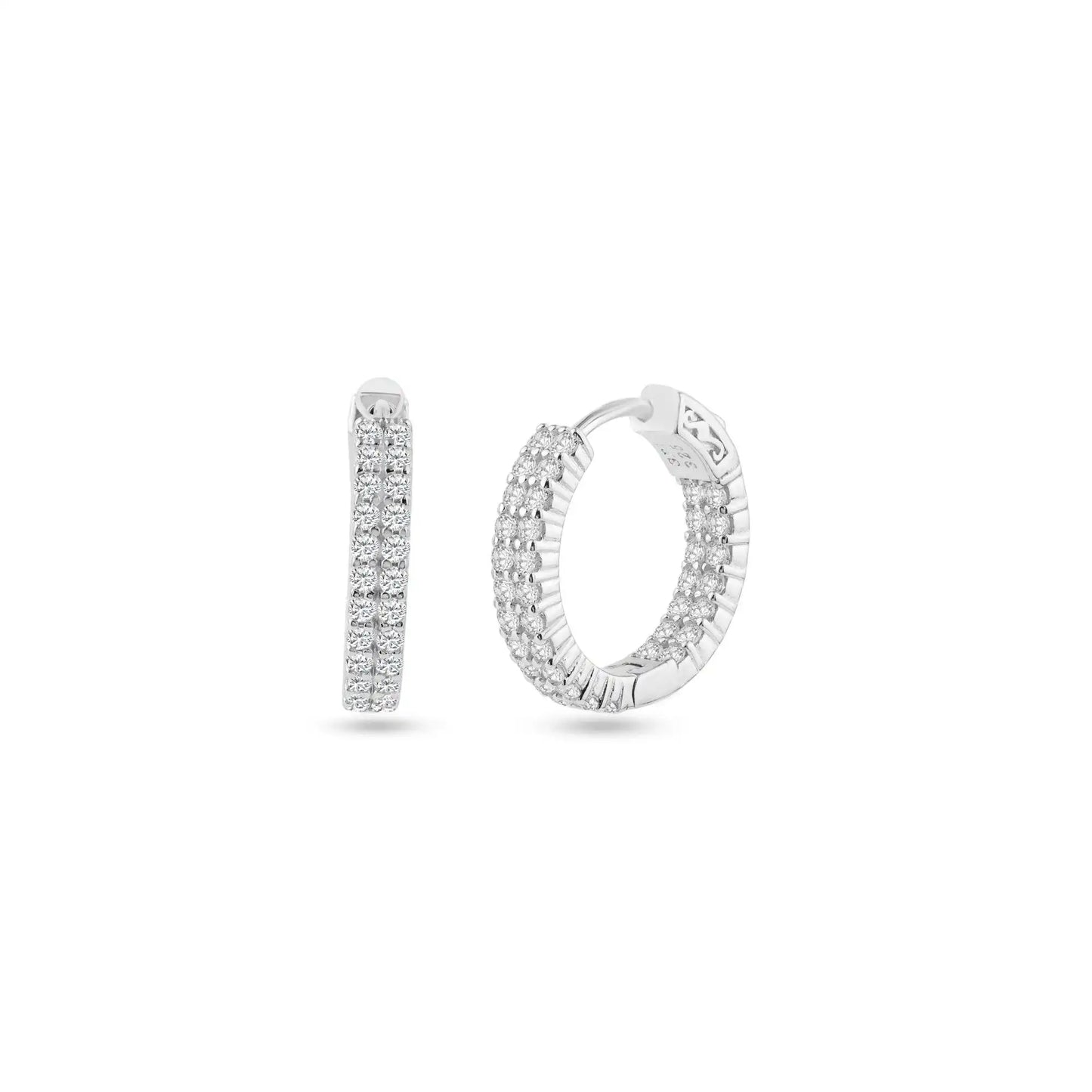 925 Sterling Silver Rhodium Plated Huggie 2 Row Clear CZ Earring 18mm