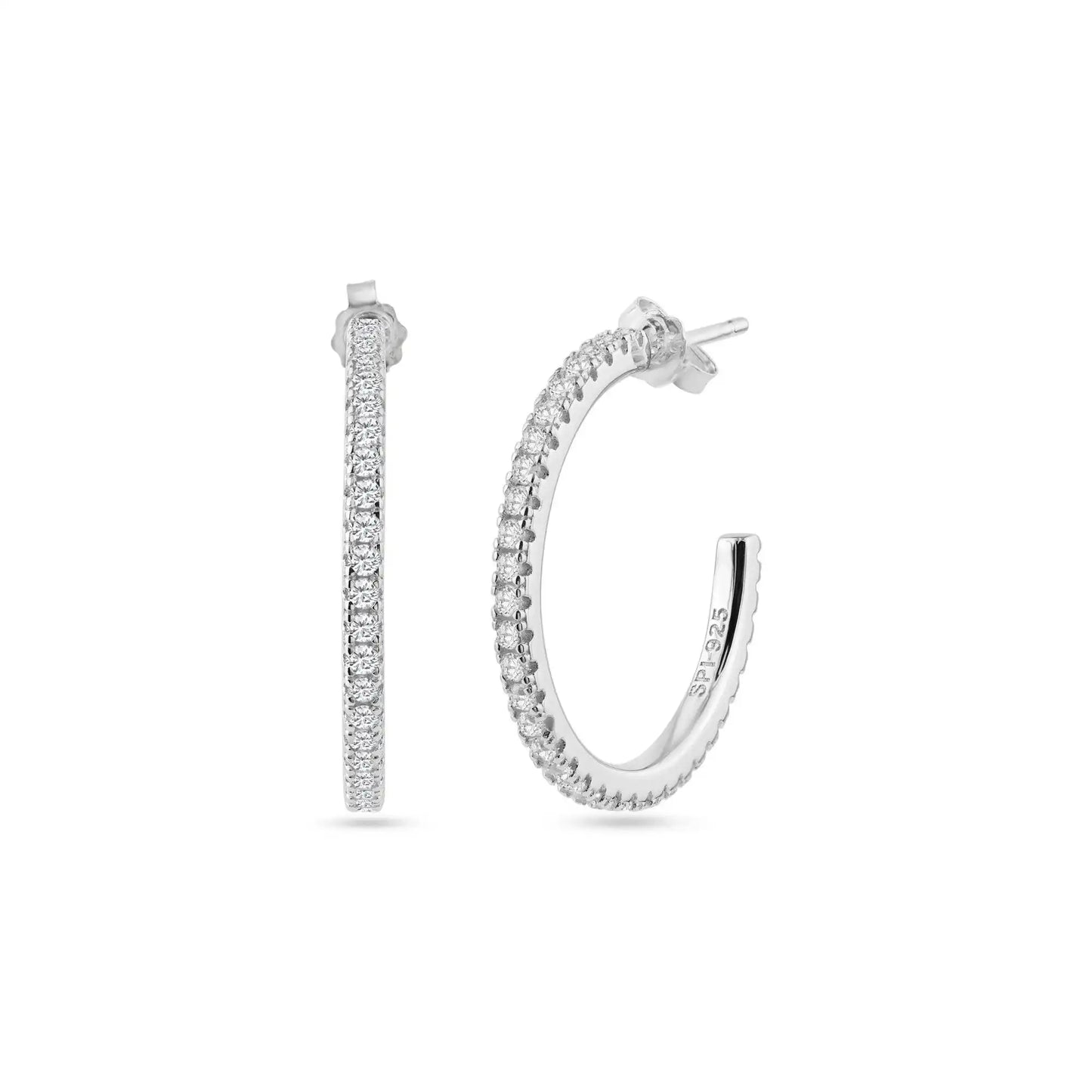 925 Sterling Silver Rhodium Plated Eternity Clear CZ Hoop Earring 24mm