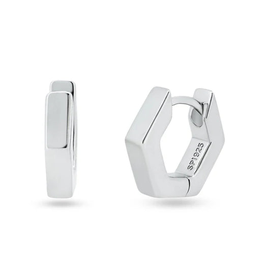 925 Sterling Silver Rhodium Plated Hexagon Huggie Hoop Earring 11.7mm