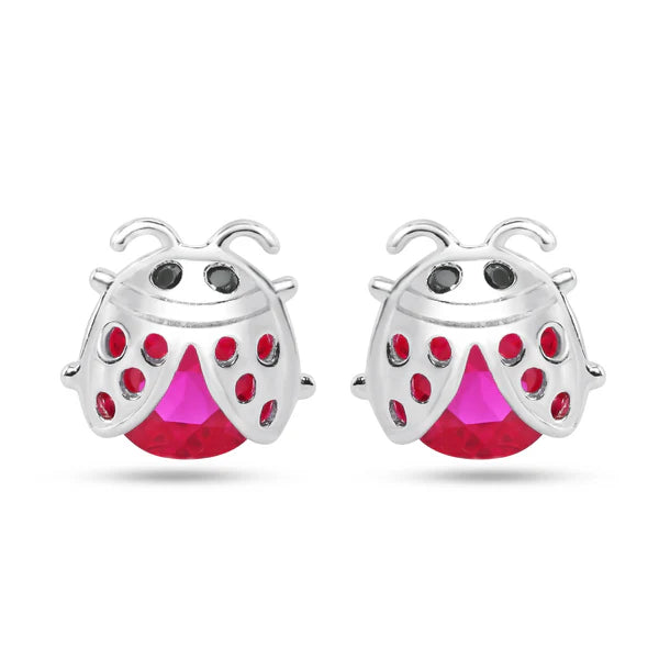 925 Sterling Silver Rhodium Plated Lady Bug Red CZ Stud Earrings