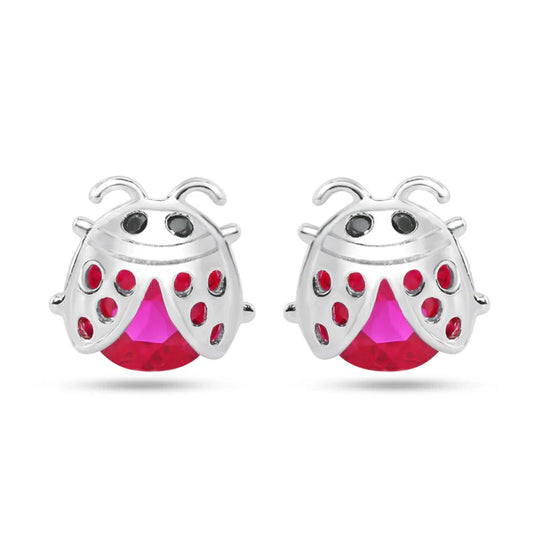 925 Sterling Silver Rhodium Plated Lady Bug Red CZ Stud Earrings