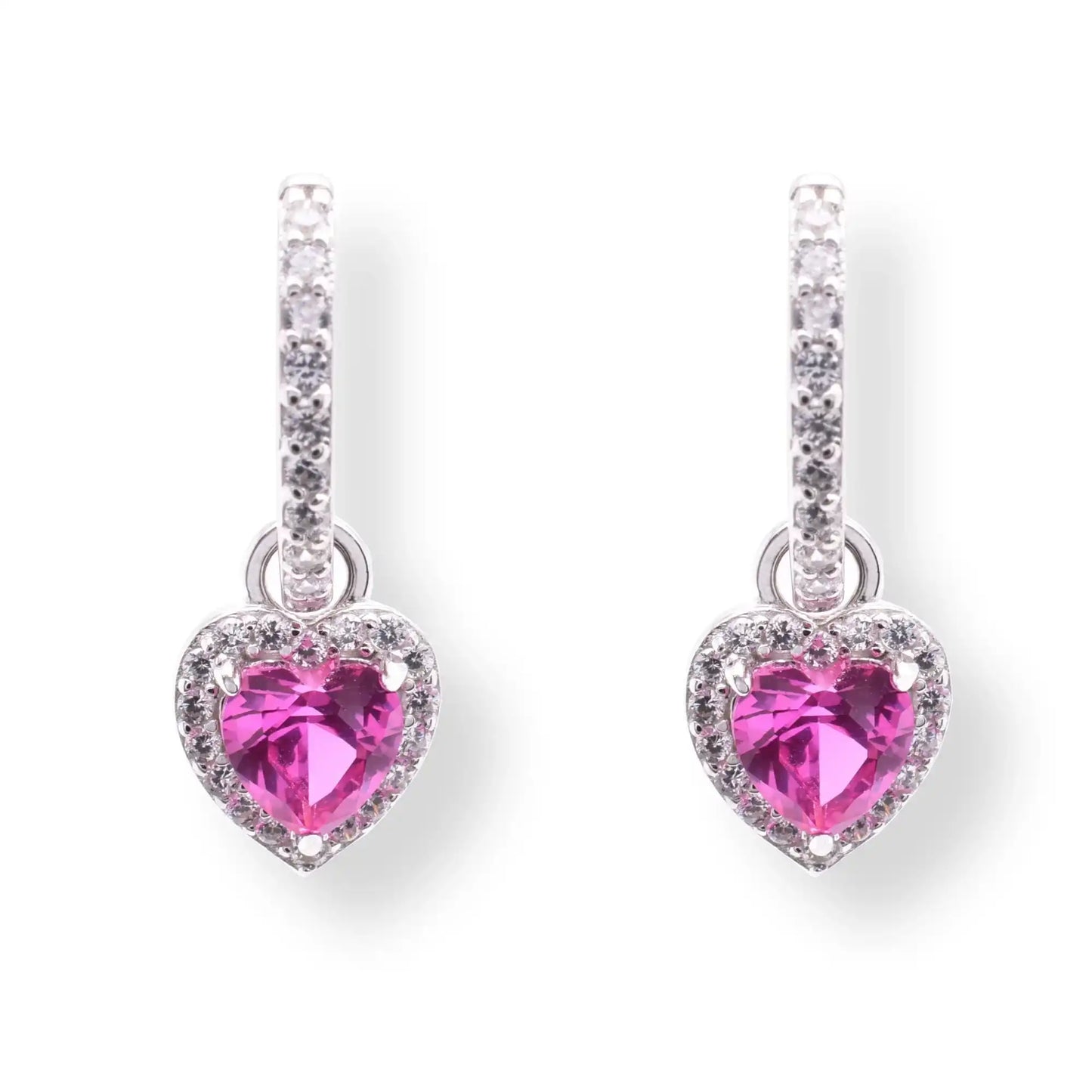 925 Sterling Silver Rhodium Plated Dangling Micro Pave Heart Red and Clear CZ Huggie Earring