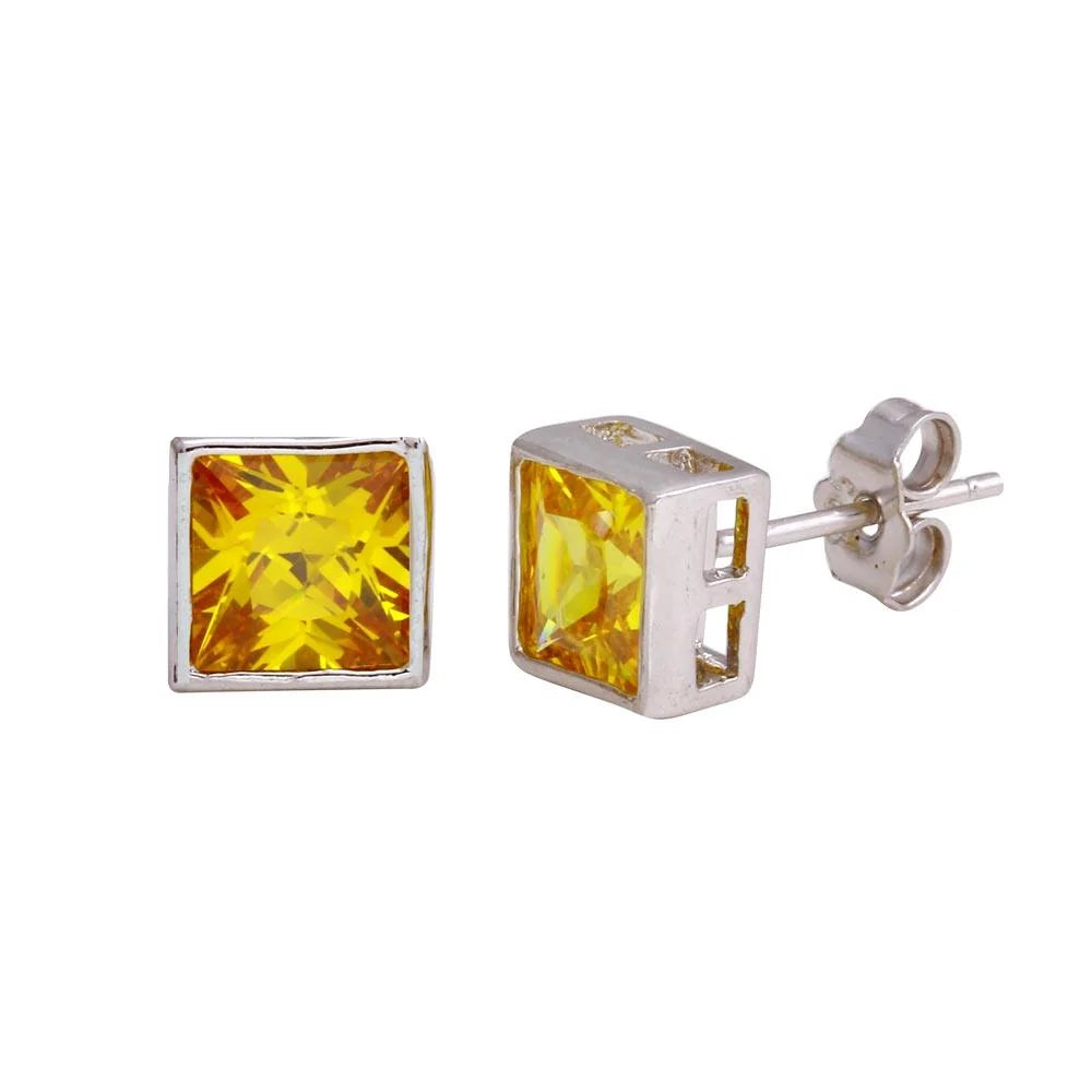 925 Sterling Silver Clearance-Rhodium Plated Square Yellow CZ Stud Earring