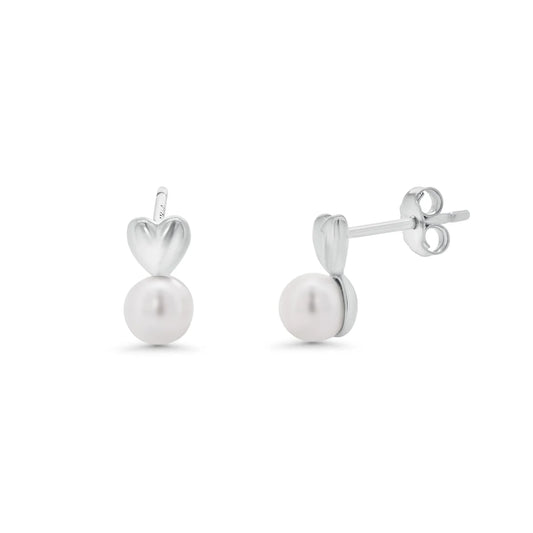 925 Silver Heart Rhodium Plated Synthetic Pearl Stud Earrings