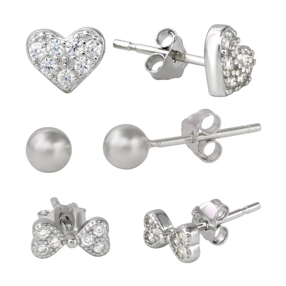 925 Sterling Silver Rhodium Plated Plain Bead CZ Heart and CZ Bowtie Stud Set