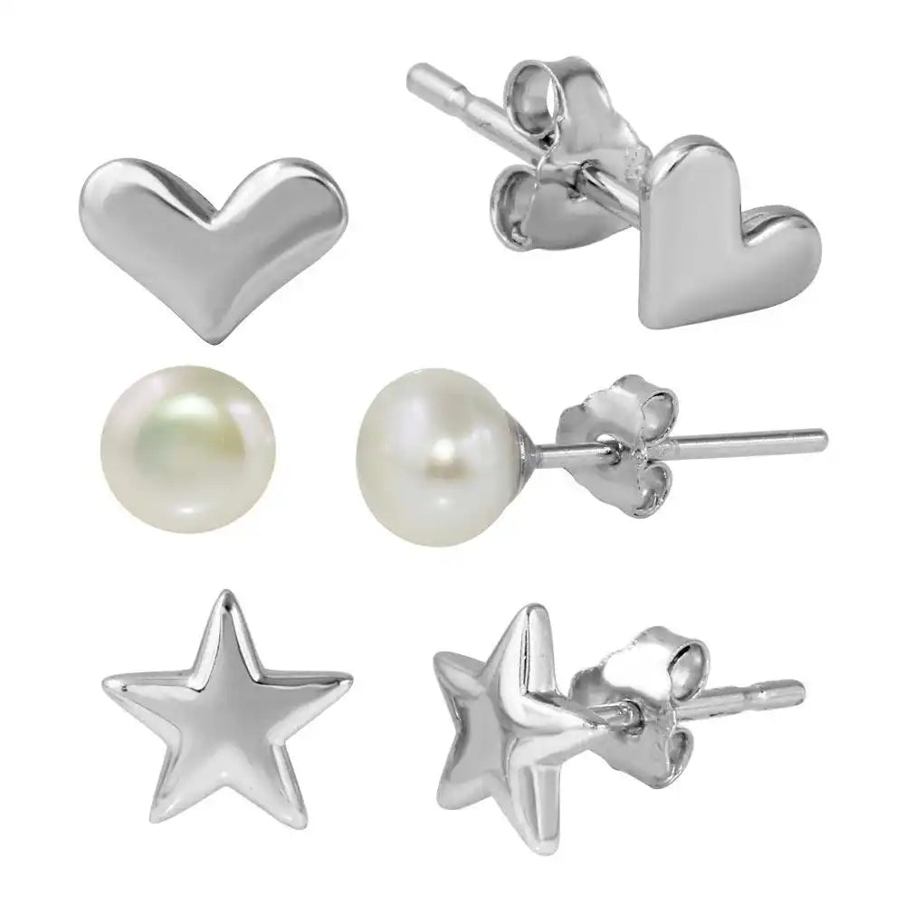 925 Sterling Silver Rhodium Plated Plain Star Plain Heart and Fresh Water Pearl Stud Set