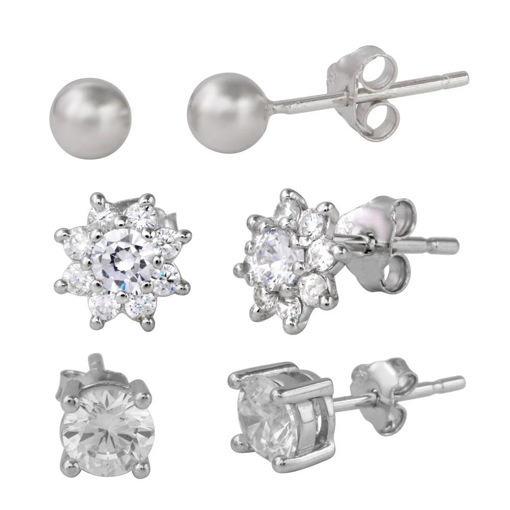 925 Sterling Silver Rhodium Plated Plain Bead Round Stud and CZ Flower Stud Set