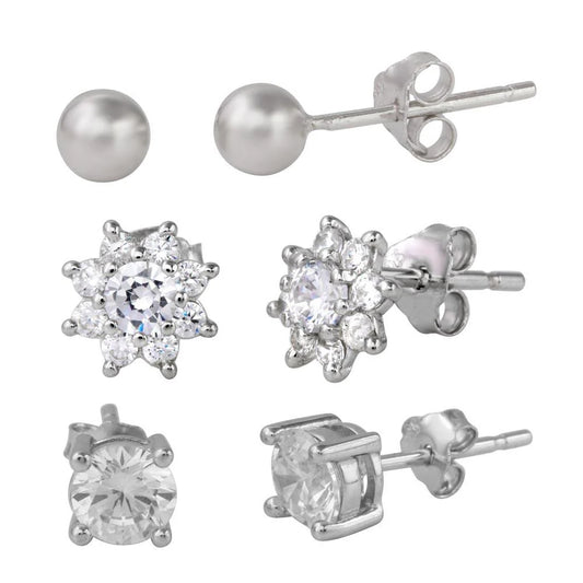 925 Sterling Silver Rhodium Plated Plain Bead Round Stud and CZ Flower Stud Set
