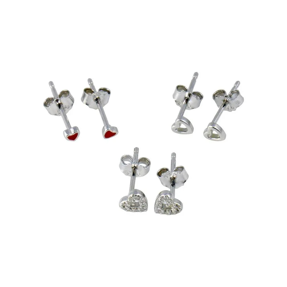 925 Sterling Silver Rhodium Plated Plain Heart CZ Heart and Heart Black CZ Stud Set